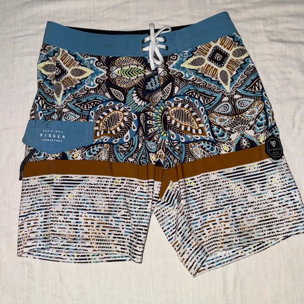 VISSLA Blue and Brown Board Shorts with Paisley and Stripes